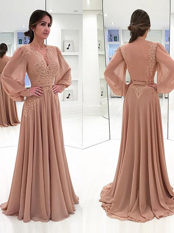 A-Line/Princess Chiffon Lace V-neck Long Sleeves Sweep/Brush Train Wedding Guest Dresses