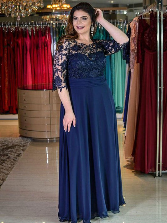 A-Line Chiffon Lace Scoop 3/4 Sleeves Floor-Length Mother of the Bride Dresses