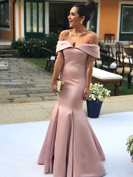 A Line Trumpet/Mermaid Satin Ruffles Off-the-Shoulder Sleeveless Floor-Length Mother of the Bride Dresses