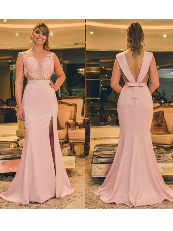 Sheath/Column Elastic Woven Satin Scoop Sleeveless Sweep/Brush Train Mother of the Bride Dresses With Applique