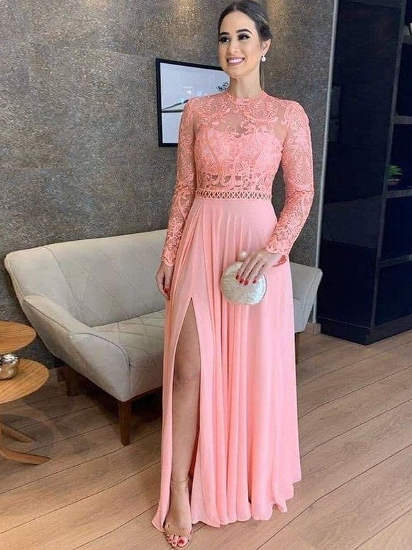 A-Line Chiffon Lace High Neck Long Sleeves Floor-Length Mother of the Bride Dresses