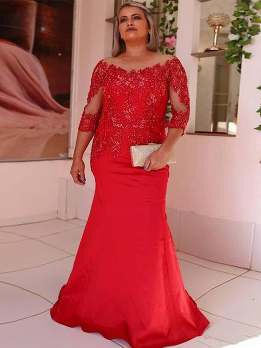 A Line Sheath/Column Satin Applique Scoop 3/4 Sleeves Sweep/Brush Train Mother of the Bride Dresses