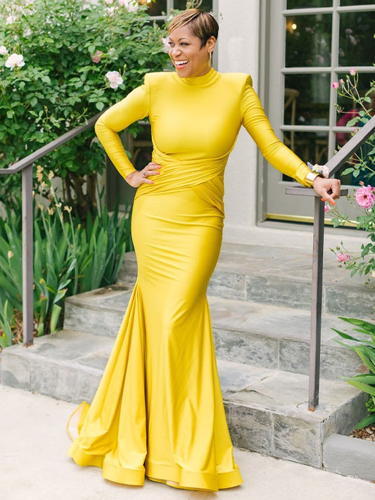 A Line Sheath/Column Jersey Ruched High Neck Long Sleeves Sweep/Brush Train Mother of the Bride Dresses