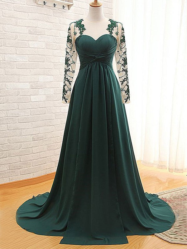 A-Line/Princess Chiffon Sweetheart Long Sleeves Sweep/Brush Train Mother of the Bride Dresses With Applique