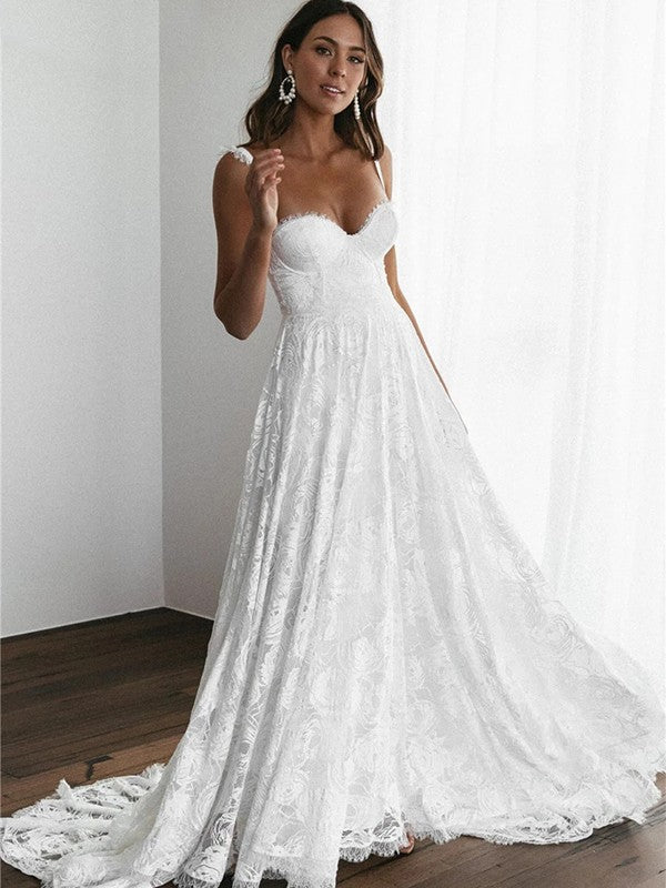 A-Line/Princess Lace Straps Sleeveless Sweep/Brush Train Wedding Dresses