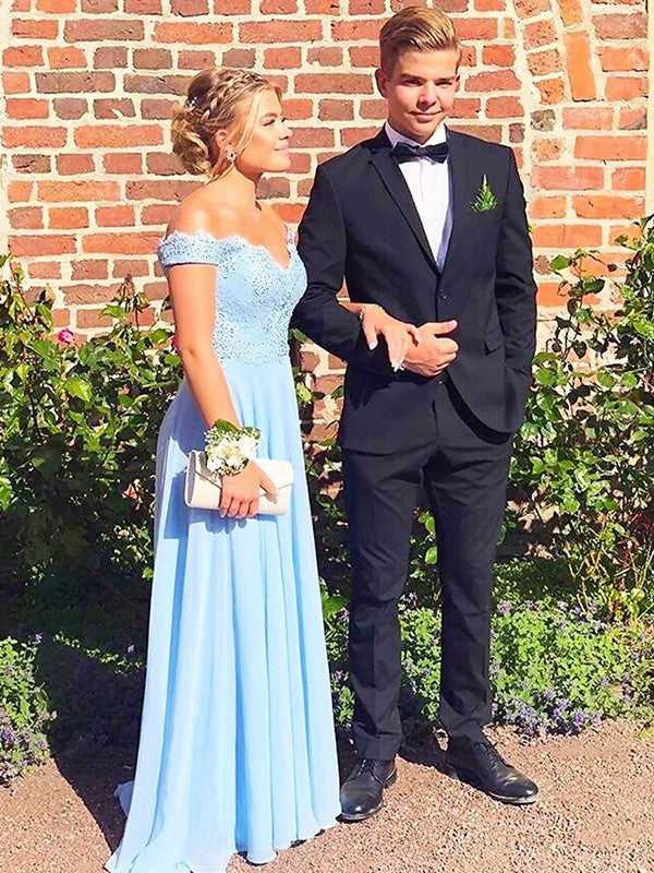 A-Line/Princess Chiffon Applique Off-the-Shoulder Sleeveless Sweep/Brush Train Bridesmaid Dresses