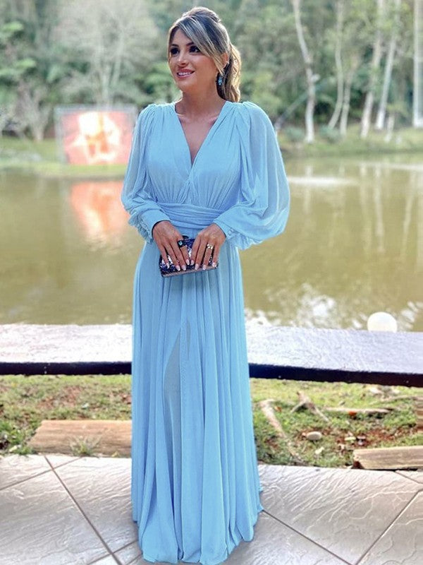 A-Line Chiffon Ruffles V-neck Long Sleeves Floor-Length Mother of the Bride Dresses