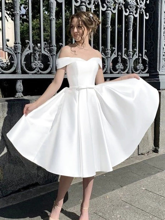 A-Line/Princess Satin Ruched Off-the-Shoulder Sleeveless Knee-Length Wedding Dresses