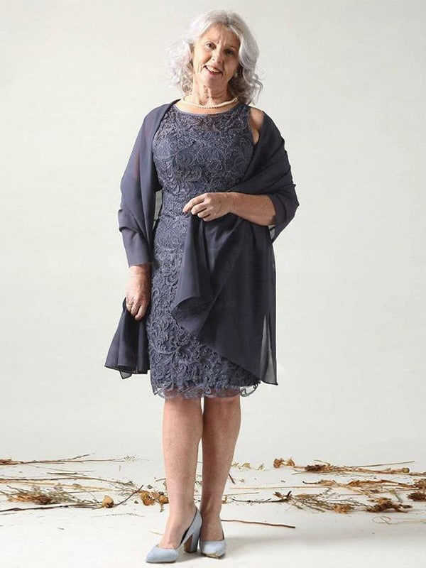 A Line Sheath/Column Chiffon Lace Scoop Sleeveless Knee-Length Mother of the Bride Dresses