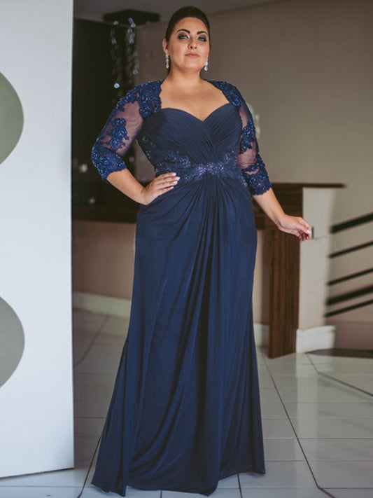 Sheath/Column Chiffon Sweetheart 3/4 Sleeves Floor-Length Mother of the Bride Dresses With Applique