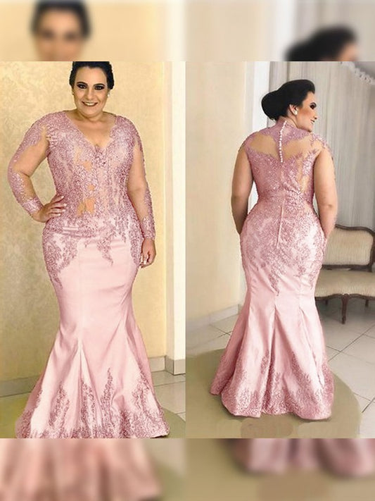 Trumpet/Mermaid Satin V-neck Long Sleeves Floor-Length Mother of the Bride Dresses With Applique