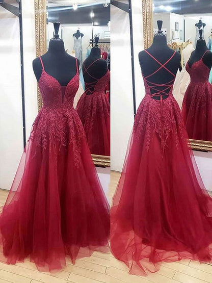 A-Line/Princess Tulle Applique V-neck Sleeveless Sweep/Brush Train Dresses