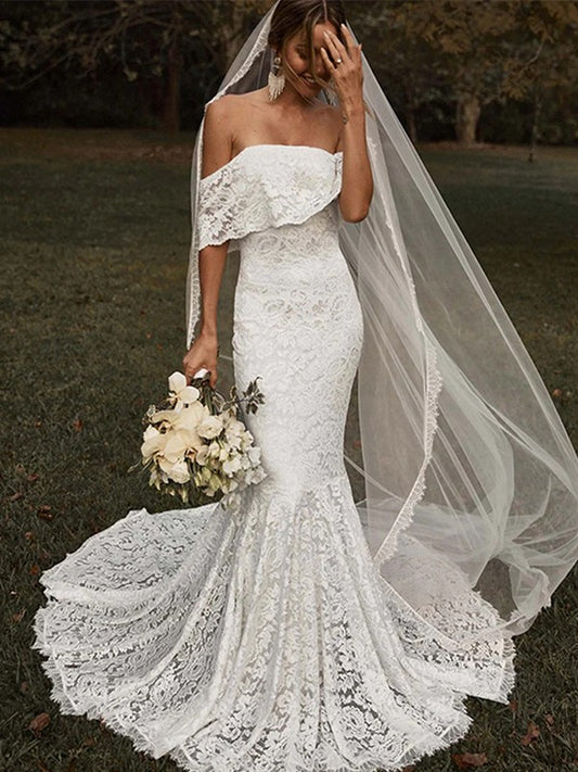 Trumpet/Mermaid Lace Off-the-Shoulder Short Sleeves Sweep/Brush Train Wedding Dresses