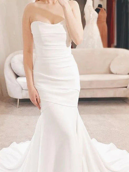 Sheath/Column Stretch Crepe Ruched Sweetheart Sleeveless Court Train Wedding Dresses