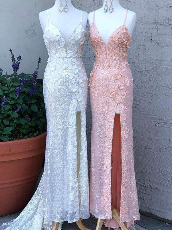 Sheath/Column Sequins Hand-Made Flower V-neck Sleeveless Sweep/Brush Train Dresses