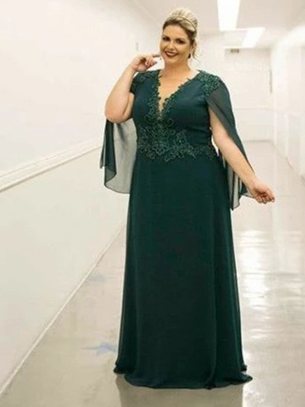 A-Line 30D Chiffon Applique V-neck Sleeveless Floor-Length Plus Size Mother of the Bride Dresses