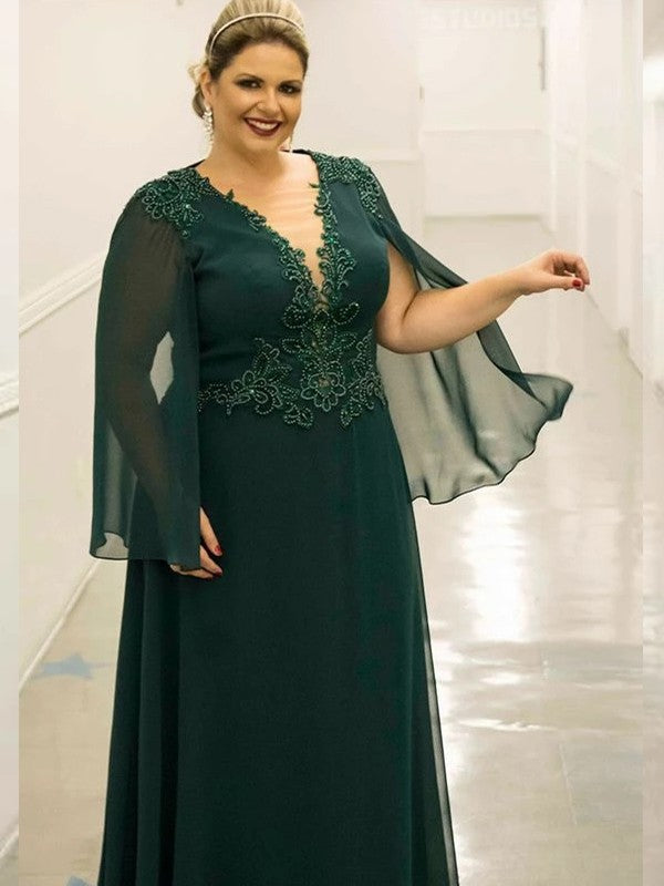 A-Line 30D Chiffon Applique V-neck Sleeveless Floor-Length Plus Size Mother of the Bride Dresses