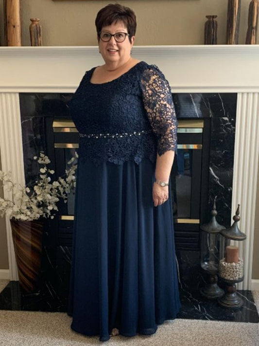 A-Line Chiffon Lace Scoop 3/4 Sleeves Floor-Length Plus Size Mother of the Bride Dresses