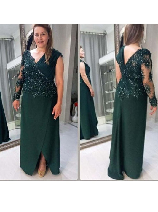 A-Line Stretch Crepe Applique V-neck Long Sleeves Floor-Length Mother of the Bride Dresses