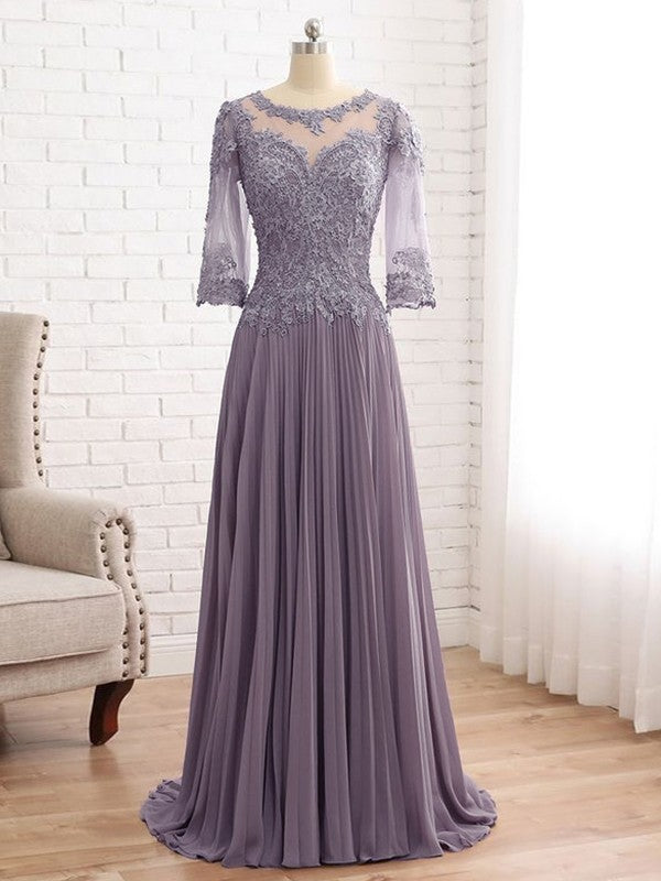 A-Line Chiffon Lace Scoop 3/4 Sleeves Sweep/Brush Train Mother of the Bride Dresses