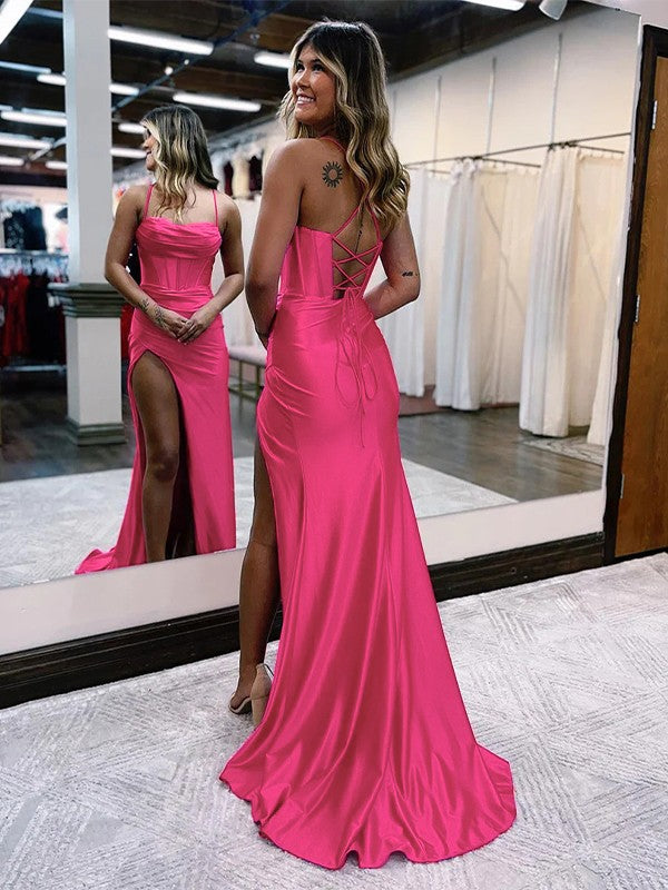 Sheath/Column Elastic Woven Satin Ruched Spaghetti Straps Sleeveless Sweep/Brush Train Dresses