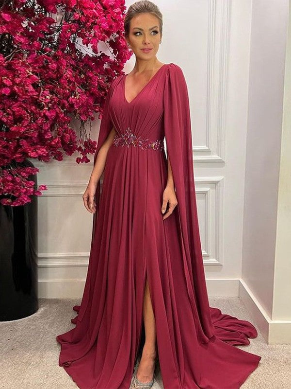 A-Line/Princess Chiffon Ruched V-neck Long Sleeves Court Train Mother of the Bride Dresses