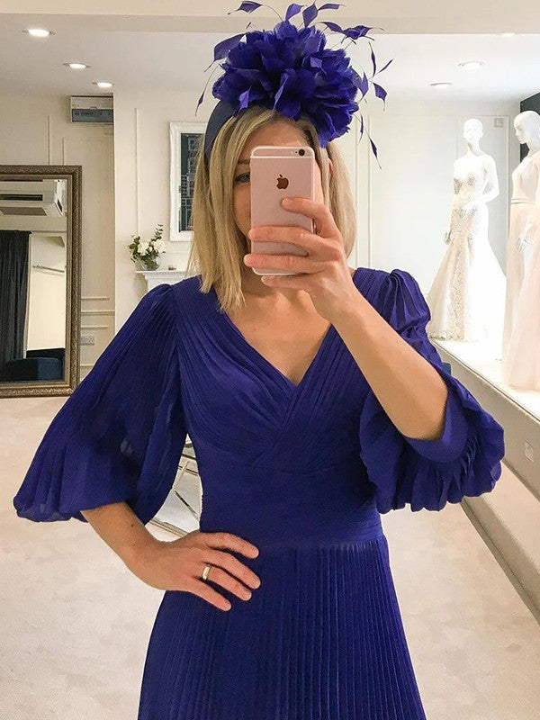 A-Line Chiffon Ruffles V-neck 3/4 Sleeves Tea-Length Mother of the Bride Dresses