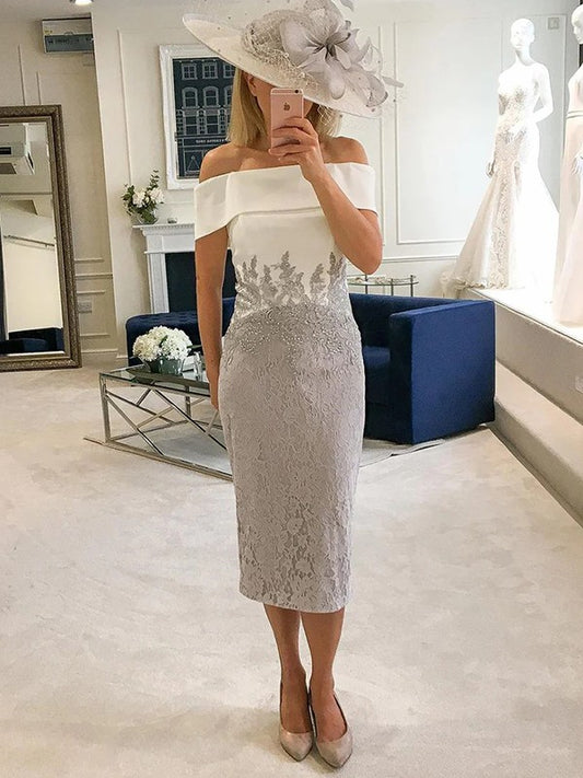 Sheath/Column Lace Appliques Off-the-Shoulder Sleeveless Tea-Length Mother of the Bride Dresses