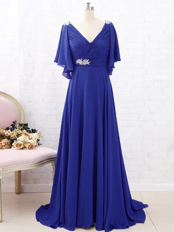 A-Line Chiffon Beading V-neck Short Sleeves Sweep/Brush Train Mother of the Bride Dresses