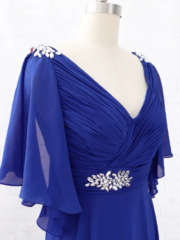 A-Line Chiffon Beading V-neck Short Sleeves Sweep/Brush Train Mother of the Bride Dresses