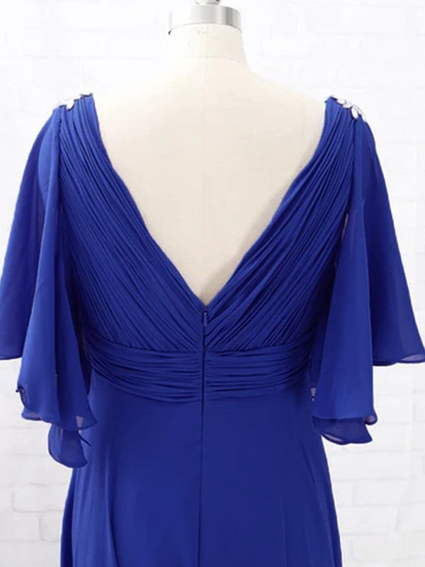 A-Line Chiffon Beading V-neck Short Sleeves Sweep/Brush Train Mother of the Bride Dresses