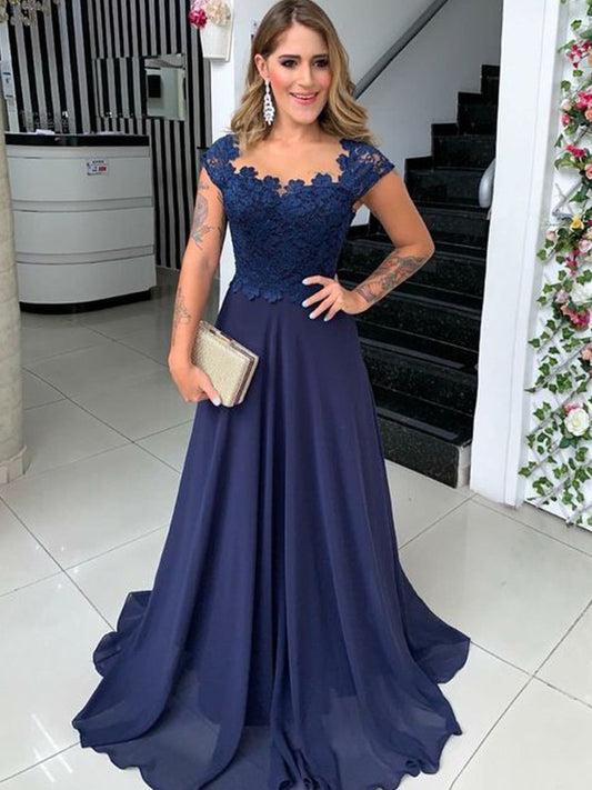 A-Line Chiffon Lace Scoop Sleeveless Sweep/Brush Train Mother of the Bride Dresses