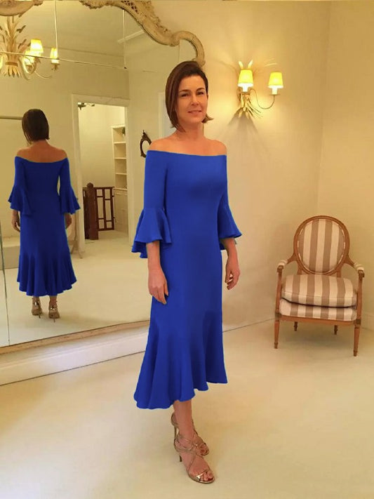 Sheath Stretch Crepe Ruffles Off-the-Shoulder 3/4 Sleeves Tea-Length Mother of the Bride Dresses