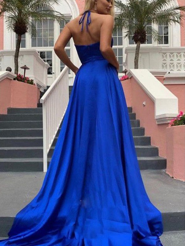 A-Line/Princess Elastic Woven Satin Ruffles V-neck Sleeveless Sweep/Brush Train Dresses