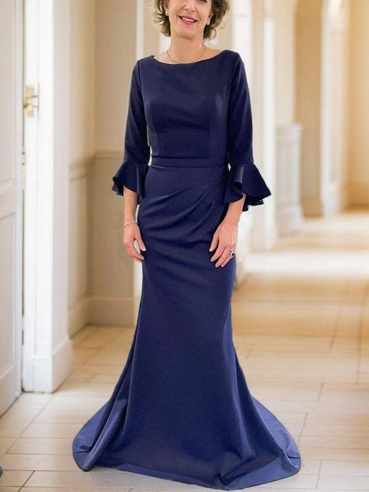 Sheath Ruched Scoop 3/4 Sleeves Sweep/Brush Train Mother of the Bride Dresses