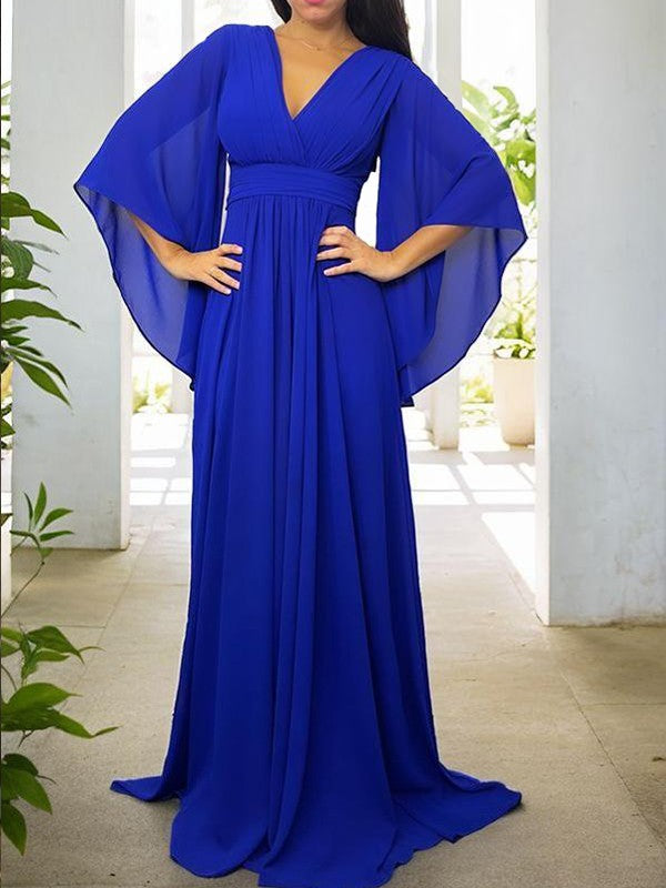 A-Line Chiffon Ruched V-neck 3/4 Sleeves Floor-Length Mother of the Bride Dresses