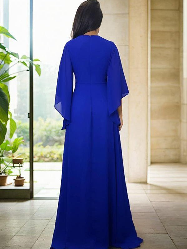 A-Line Chiffon Ruched V-neck 3/4 Sleeves Floor-Length Mother of the Bride Dresses