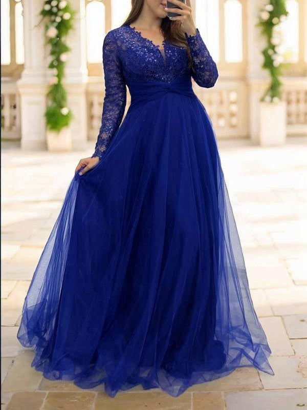 A-Line Tulle Applique V-neck Long Sleeves Floor-Length Mother of the Bride Dresses
