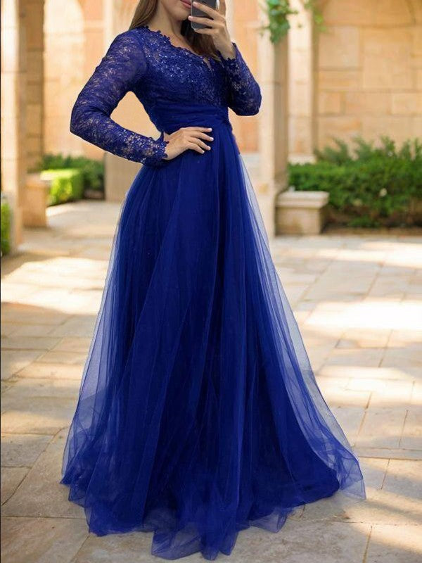 A-Line Tulle Applique V-neck Long Sleeves Floor-Length Mother of the Bride Dresses