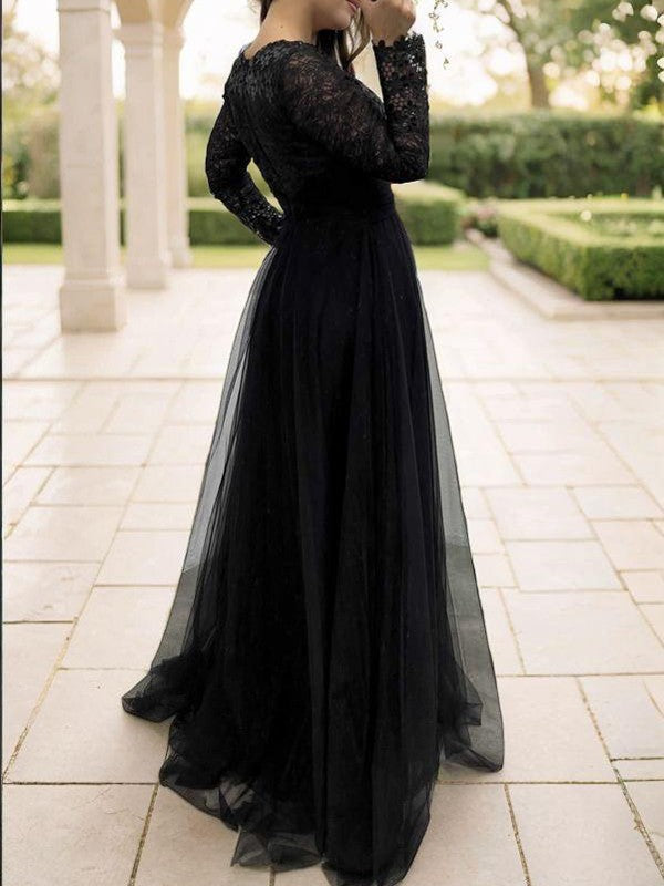 A-Line Tulle Applique V-neck Long Sleeves Floor-Length Mother of the Bride Dresses