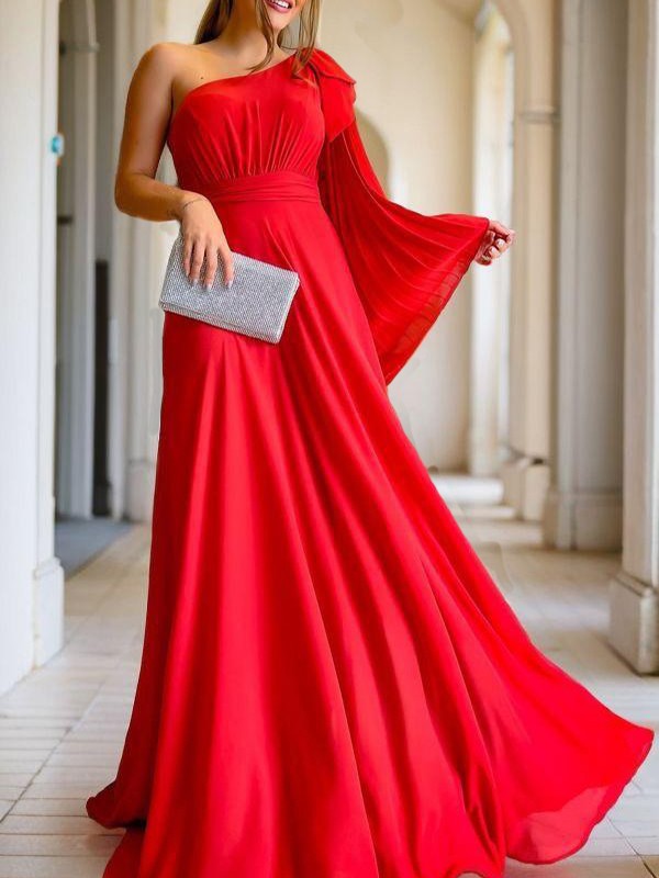 A-Line Chiffon Ruched One-Shoulder Sleeveless Floor-Length Mother of the Bride Dresses