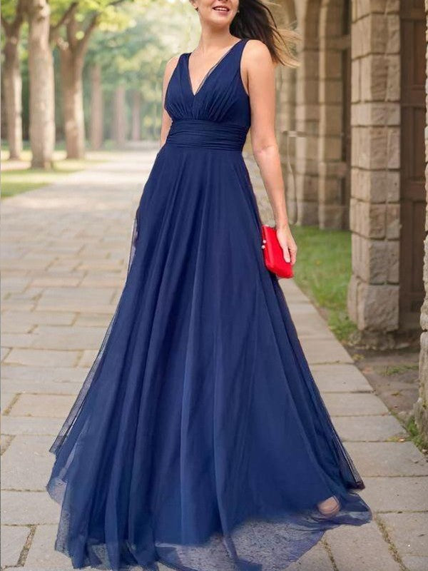 A-Line Tulle Ruched V-neck Sleeveless Floor-Length Mother of the Bride Dresses