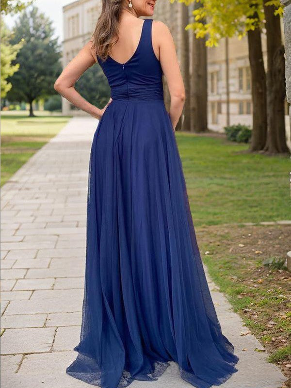 A-Line Tulle Ruched V-neck Sleeveless Floor-Length Mother of the Bride Dresses