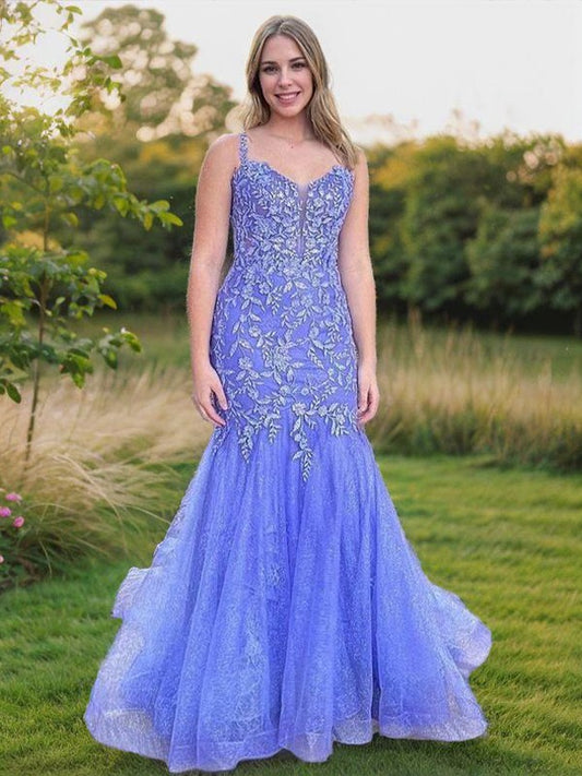 Trumpet/Mermaid Tulle Applique Straps Sleeveless Court Train Dresses