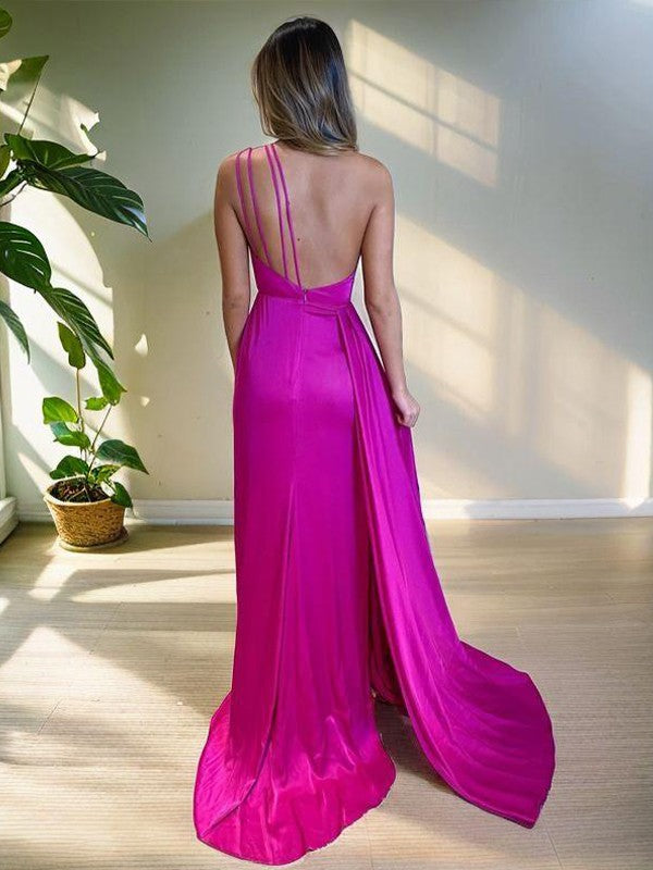 Sheath/Column Ruched One-Shoulder Sleeveless Sweep/Brush Train Dresses