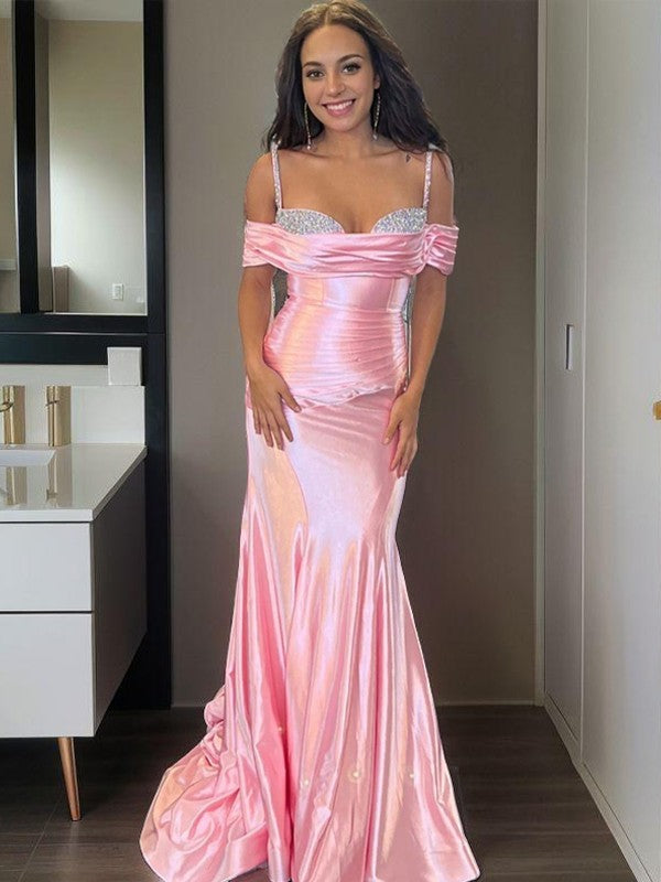 Trumpet/Mermaid Silk like Satin Ruched Sweetheart Sleeveless Court Train Dresses