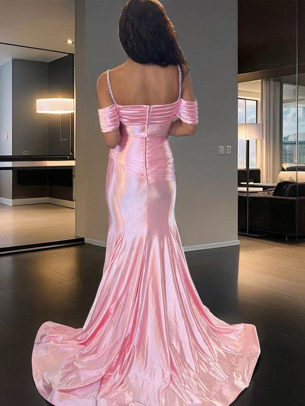 Trumpet/Mermaid Silk like Satin Ruched Sweetheart Sleeveless Court Train Dresses