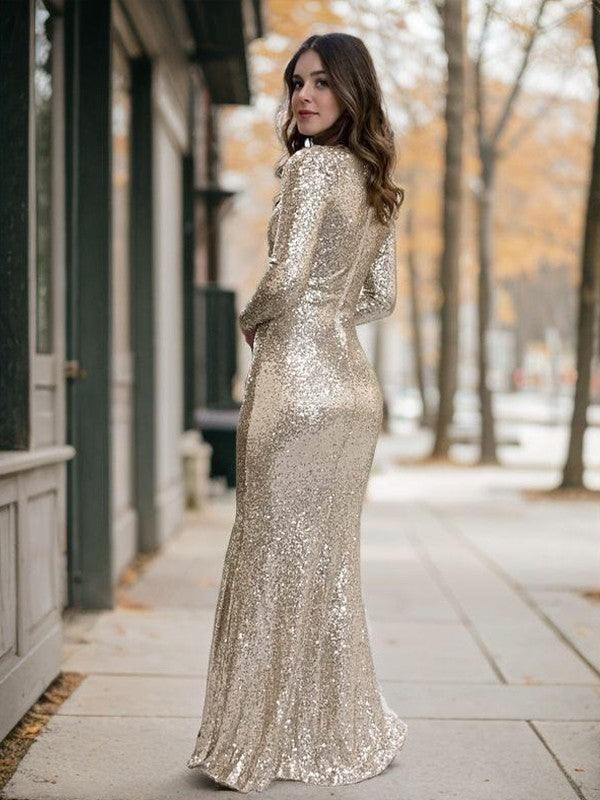 Sheath/Column Sequins Sequin V-neck Long Sleeves Floor-Length Prom Dresses Formal Dresses