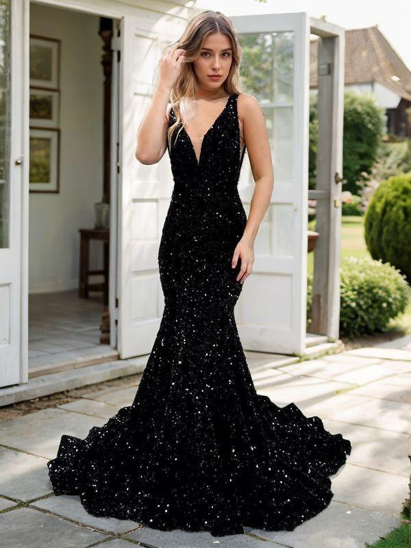 Trumpet/Mermaid Velvet Sequins Sequin V-neck Sleeveless Sweep/Brush Train Dresses