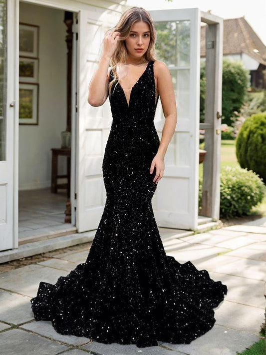 Trumpet/Mermaid Velvet Sequins Sequin V-neck Sleeveless Sweep/Brush Train Dresses